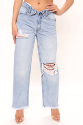 Doin' It Right Foldover Straight Leg Jeans - Medium Blue Wash Ins Street